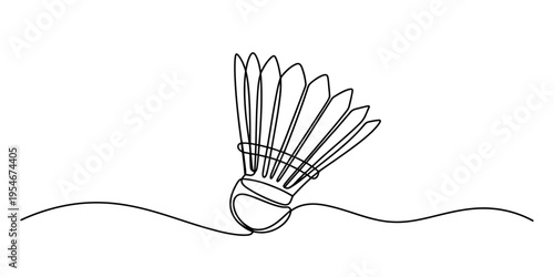 Photography Continuous line drawing of a shuttlecock for badminton game isolated on white background