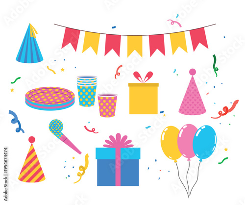 Party supplies - party hats, balloons, confetti, gifts, bunting, party blowout, disposable tableware with dots. Vector illustration isolated on a white background
