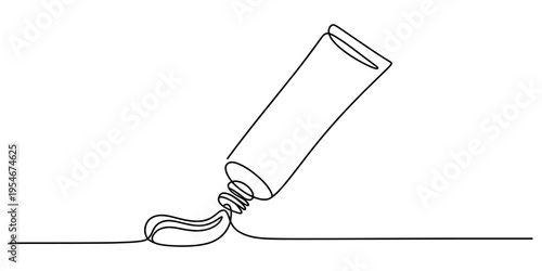 Continuous line drawing of a tube of toothpaste or cream being squeezed onto a surface