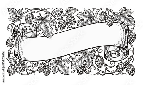 Decorative hop branches with scroll ribbon banner in engraving style. Perfect for craft beer branding and packaging