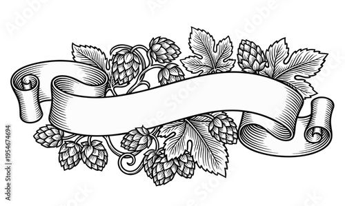 Decorative hop branches with scroll ribbon banner in engraving style. Perfect for craft beer branding and packaging.