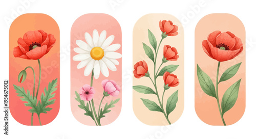 Floral stickers, colorful flower illustrations, poppy and daisy designs, oval shape icons