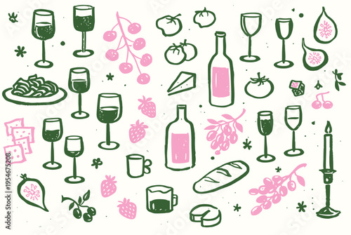 Hand drawn wine and food doodle set with glasses, bottles, fruits, bread, cheese, and desserts. Elegant sketch illustration ideal for restaurant menus, cafe branding, and gourmet designs.