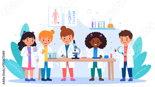 Little scientists vector set with kids in lab coats using microscope and magnifier, children studying human anatomy and experiments, flat illustration
