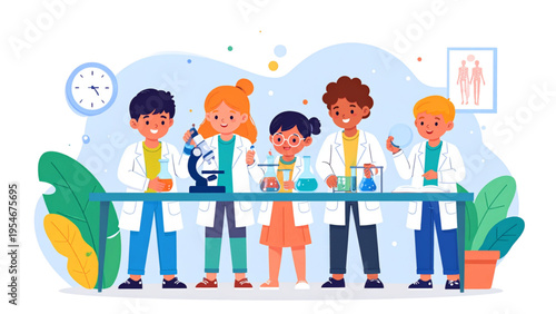 Little scientists vector set with kids in lab coats using microscope and magnifier, children studying human anatomy and experiments, flat illustration