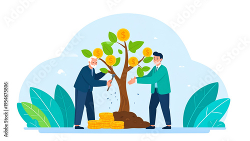Generational financial growth concept with old man and young man caring for money tree, investment success and family economy, flat vector illustration