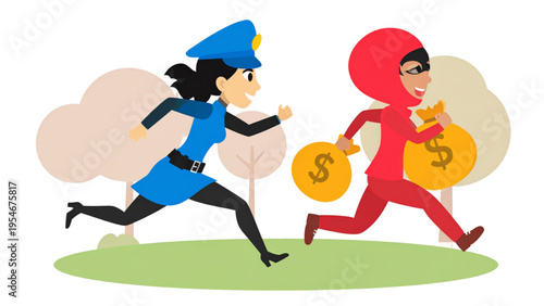 Policeman chasing robber with money bag, cartoon crime pursuit scene, flat vector illustration of thief and police action concept