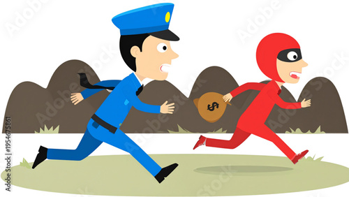 Policeman chasing robber with money bag, cartoon crime pursuit scene, flat vector illustration of thief and police action concept