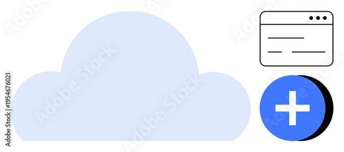 Cloud storage. Cloud storage with digital interface and add symbol for file management. Cloud storage for data systems, online applications, secure storage, web solutions, collaboration