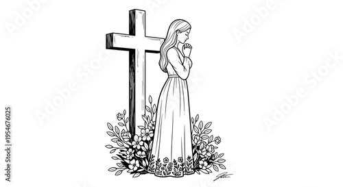 Vector illustration of woman praying beside cross with flowers