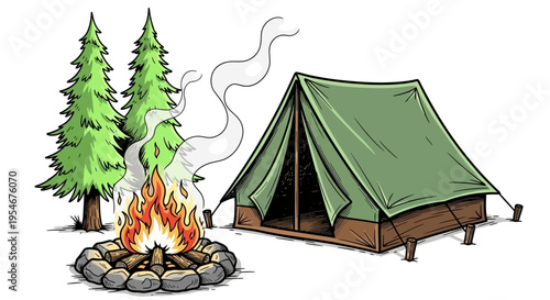 Vector illustration of campsite with tent and campfire