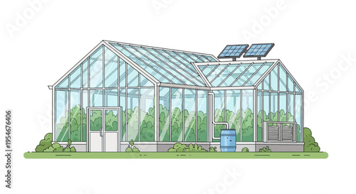 Eco-friendly greenhouse with solar panels, sustainable gardening, modern agriculture concept