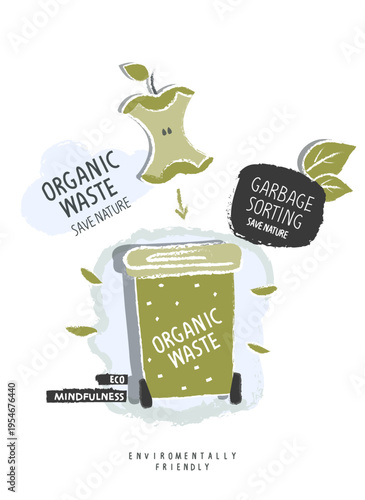 Vector hand drawn sketch of waste baskets for  organic waste. Environmentally friendly planet concept. Think Green. Garbage sorting. Zero waste Concept.