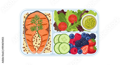 Healthy Salmon Lunchbox with Berries, Salad, and Quinoa