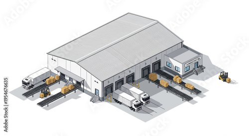 Warehouse logistics, loading docks, trucks, forklifts, conveyor belts, cargo handling