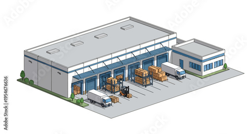 Warehouse Loading Docks with Trucks, Forklift, and Cargo | Logistics and Distribution
