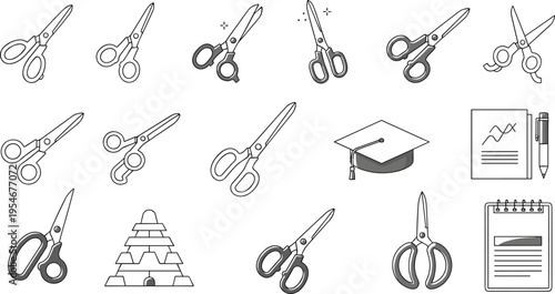 Scissors and education icons set with cutting tools graduation cap and stationery vector illustration