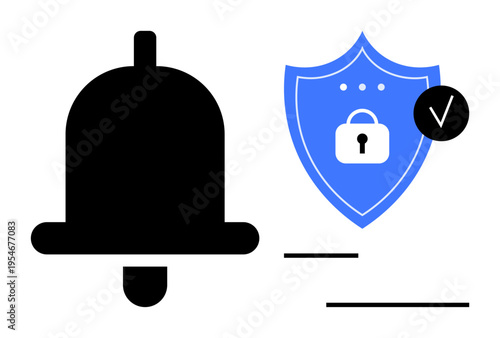 Security concept. Bell icon for alerts and shield with lock for privacy protection. Security s safe notifications and data integrity. For apps, alerts, data, and online security platforms