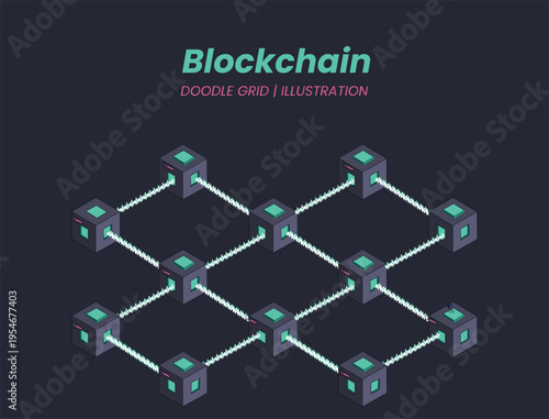 Blockchain doodle grid illustration. Connected web3 network nodes, decentralised finance architecture, crypto data exchange. tokenisation workflow, fintech infrastructure. Digital ledger Isometric