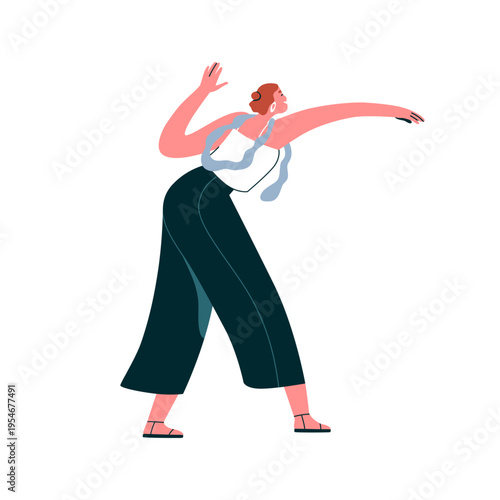 Happy young female dancing. Joyful woman moving with fun, joy, positive energy. Excited smiling energetic girl celebrating at disco party. Flat vector illustration isolated on white background