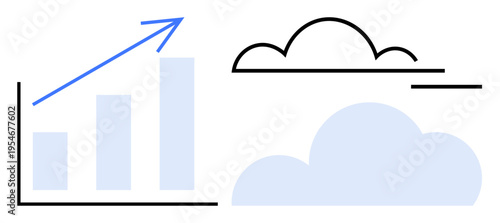 Business progress, cloud computing, data growth, forecasting, analytics, digital trends. Bar chart with an upward arrow next to cloud icon. Business progress and cloud computing concept