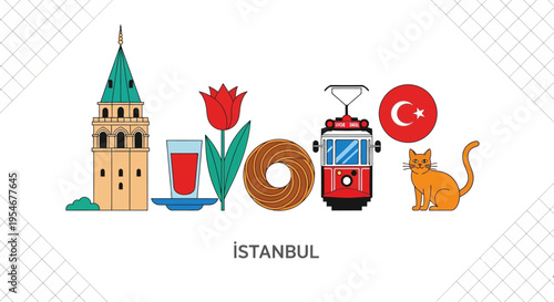 Set of 7 Istanbul icons vector, Turkey symbols