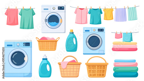 Laundry and washing clothes vector set with washing machine, detergent, clothesline and folded garments, flat colorful household cleaning illustration