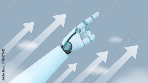 Artificial Intelligence leading to growth and efficiency, Humaniod hand with rising arrow representing technological progress, symbolizing AI-driven success, innovation, and business transformation.