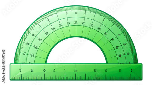 Green plastic protractor vector illustration, realistic angle measurement tool, transparent geometry instrument, flat CAD design