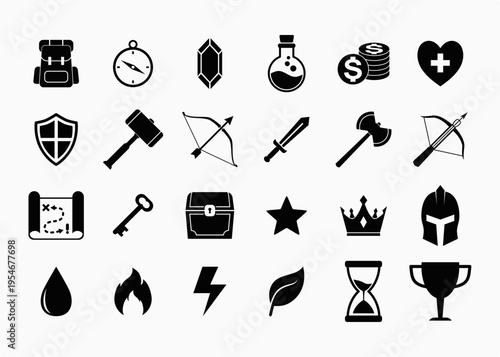 Fantasy RPG Game Icon Set, Adventure Equipment and Quest UI Elements