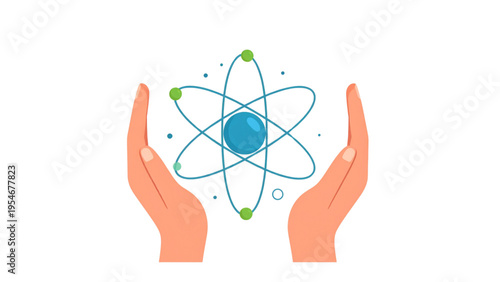 Scientists hands protecting atom model, safe nuclear energy concept, molecule on palm, physics and chemical research flat vector illustration