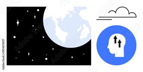 Space exploration. Space illustration showing Earth, stars, and the cosmos paired with growth mindset ideas. Space for innovation, creativity, science, education, and global impact visuals