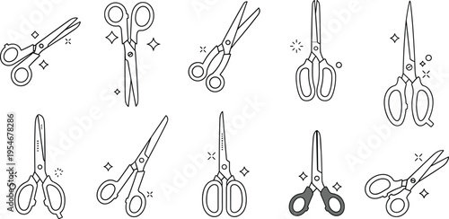 Hairdressing scissors outline icon set with barber cutting tools line art vector illustration