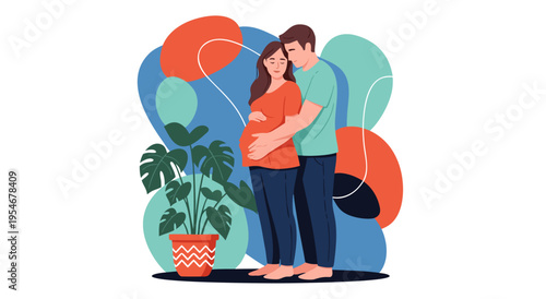 Vector illustration of a pregnant couple embracing, symbolizing family, love, and new life with a sense of calm and happiness, beautiful simple graphic art