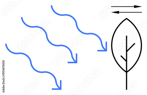 Environmental study, airflow dynamics, renewable energy, ecology, botanical science, nature effects. Blue arrows show airflow towards a stylized leaf with movement indications. Environmental study
