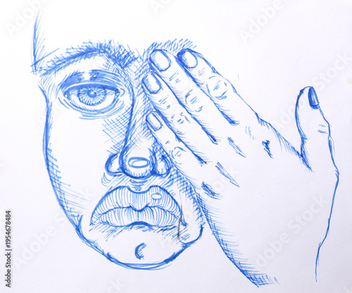 A blue marker drawing on a white background, featuring a close-up expressive portrait of a person with a hand partially covering their face.
