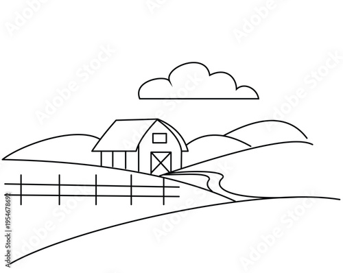 Minimalist line drawing of rural farm barn with pitched roof fence hills and cloud in stylized countryside scene