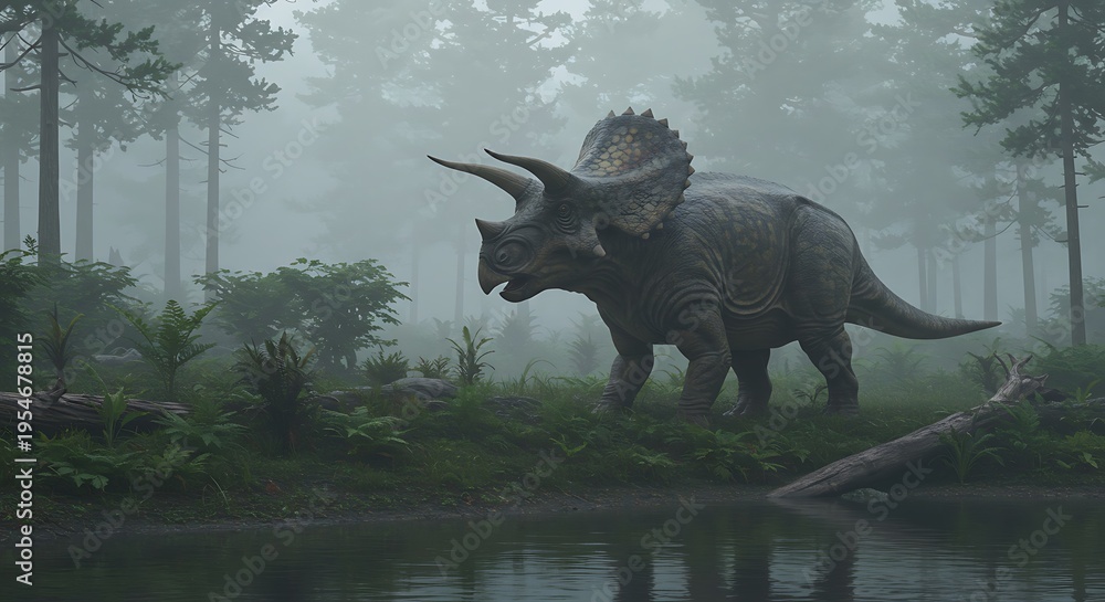 Fototapeta premium Misty Dawn: Triceratops Encounter