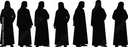 Arab man silhouette set, middle eastern male people icons, traditional muslim clothing elements, saudi emirati character vector, black thobe, graphics.
