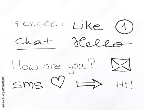 A collection of minimalist, hand-drawn social media and communication elements. The set includes handwritten common phrases such as 