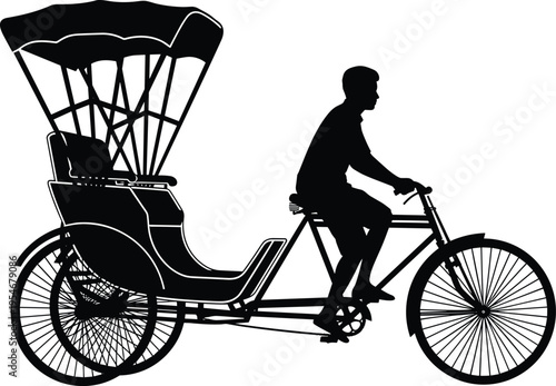 Black cycle rickshaw silhouette with driver for traditional Asian transport travel culture Bangladesh India tourism and street taxi vector design