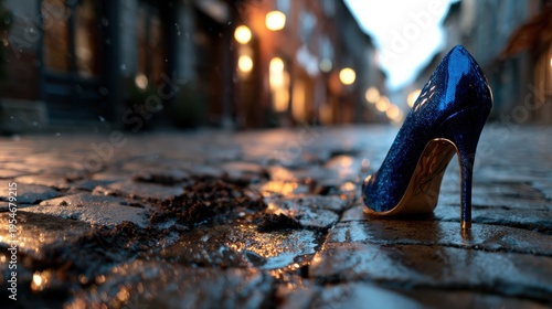 An elegant blue high heel shoe is prominently featured on a cobblestone street, surrounded by reflections of rain and illuminated streetlights, capturing a moment of urban elegance.