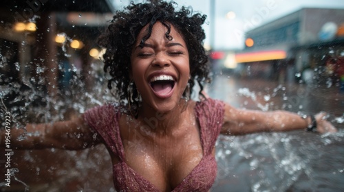 A joyful woman embracing the rain, splashing and laughing in the water, embodying freedom and the pure joy of living fully in the moment amidst a vibrant atmosphere.