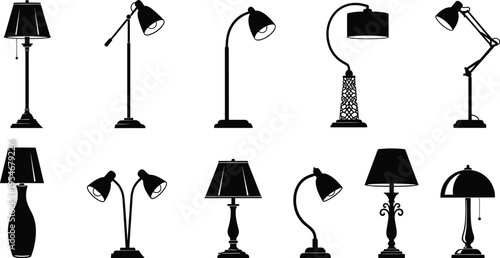 Black lamp silhouette set with desk and floor lamp icons for interior design home lighting office decor and furniture vector