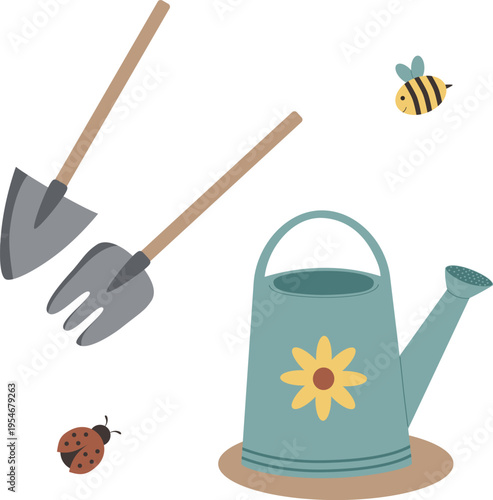 Gardening tools set with watering can, shovel, and pitchfork in flat style. Vector illustration.