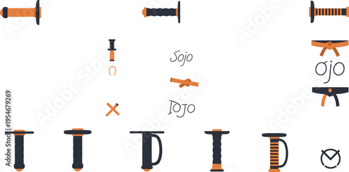 Sword handle variations set with grip design elements and hilt components vector illustration