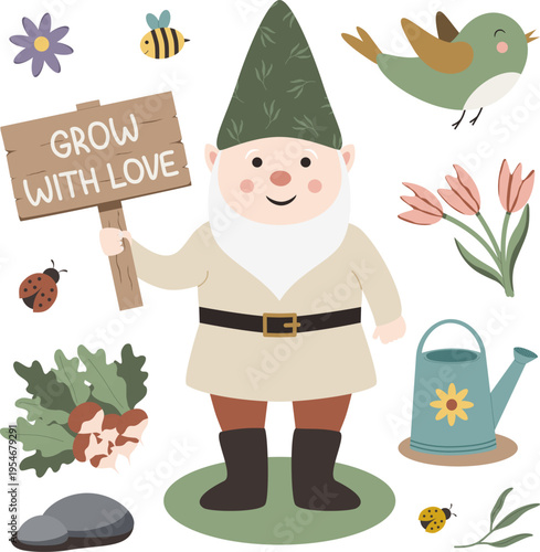 Cute garden gnome character with "Grow with Love" sign and spring gardening elements set. Vector illustration.