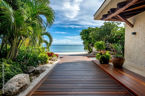Tropical seaside serenity beachfront villa scenic view lush environment relaxation concept