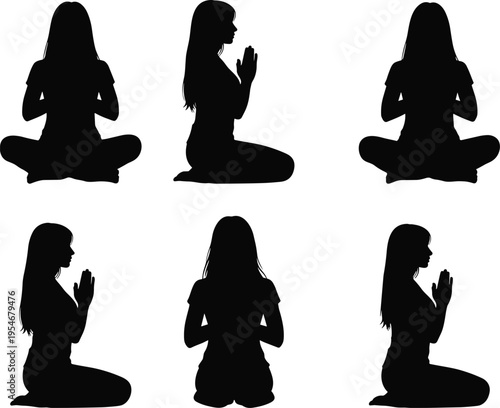 Black woman silhouette collection set isolated on white background for yoga meditation, mindfulness, wellness, prayer, spirituality and healthy lifestyle illustration.