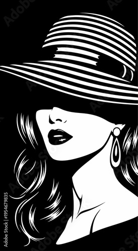 Elegant Lady Wearing a Striped Hat A Monochrome Vector Illustration of Feminine Sophistication and Style